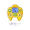 Game console with screen and buttons. Electronic gadget. Linear emblem with yellow fill. Colorful vector design for logo