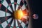 Game of darts, flying dart and hitting right on bullseye