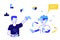Game development concept. Doodle VR and 3D video gaming mechanics trendy objects. Boys with playing joystick and