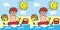 Game, find five differences, little boy on the beach, funny vector illustration