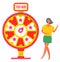 Game fortune wheel concept. Girl playing risk game with fortune wheel and lottery, gambling template