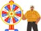 Game fortune wheel. Man playing risk game with roulette wheel and lottery. Casino and gambling