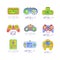 Game gadget collection in line style. Colorful gameplay, joystick, gaming controller. Vector let s play logo