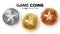 Game Gold, Silver, Bronze Coins Set Vector With Star. Realistic Achievement Icon Illustration. Rank Medals For Game User Interface