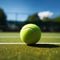 Game on the green court with a vibrant tennis ball