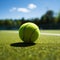 Game on the green court with a vibrant tennis ball