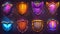 Game level icons, wooden cracked shields or broken banners with wings and magic haze. Awards and trophy achievements