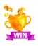 Game level up win icon, vector golden bonus cup casino rank reward, victory goblet badge, shiny coins.