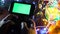 Game Pad with smartphone on black background table with colorful lights, Christmas New Year Composition. Smartphone gaming video