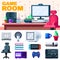 Game room set up. Gamer workplace with set of objects. Vector illustration.