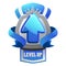 Game silver level up badge and win icon, shield banner of completed level, vector UI sign. Level up icon with a silver