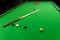 Game snooker billiards, athlete kick cue close up, selective focus