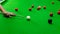 Game snooker billiards or opening frame player ready for the ball shot, athlete man kick cue on the green table in bar