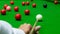 Game snooker billiards or opening frame player ready for the ball shot, athlete man kick cue on the green table in bar