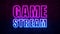 Game Stream background. Purple and Blue Neon inscription on a dark brick wall. Professional gaming stream banner design. Streaming