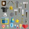 Game weapon icons flat set. Weapons, shields, magic, scrolls