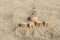 Game word made of wooden cubes. Close-up on the beach sand