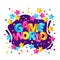 Game world sticker sign for children play zone, starry colorful banner with cartoon letters