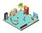 Game zone concept. Game center, kids room with playing game machines arcade simulator racer hockey shooting range vector