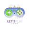 Gamepad with buttons to play. Gaming controller logo. Linear emblem with blue, green and yellow fill. Colorful vector