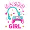 Gamer girl cute vector illustration with headphones, game controller, hearts and stars