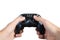 Gamer holding game pad in hands. Isolated game play controller