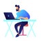 Gamer with laptop sitting at desk vector illustration.