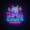 Gamer Play Win logo neon sign Vector logo design template. Game night logo in neon style, gamepad in hand, modern trend