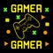 Gamer text, and geometric shapes, on black backgound.