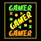 Gamer text, and geometric shapes, on black backgound, and frame.