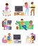 Gamer vector man or woman with child character playing with virtual reality glasses illustration set of people gaming in