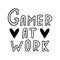 Gamer at work, vector icon. Notice for games, esport symbol. Hand drawn illustration isolated on white. Simple text with