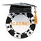 Gaming academy, casino school concept. Casino token with graduation cap. 3D rendering