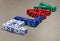 gaming dice in different colors spelling play