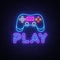 Gaming neon sign vector. Play Design template neon sign, light banner, neon signboard, nightly bright advertising, light