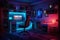 Gaming PC room with led lights in different colors. Ai generated illustration