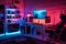 Gaming PC room with led lights in different colors. Ai generated illustration
