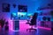 Gaming PC room with led lights in different colors. Ai generated illustration