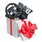 Gaming steering wheel with foot pedals inside gift box. 3D rendering