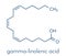 Gamma-linolenic acid GLA, gamolenic acid molecule. Omega-6 fatty acid present in many vegetable oils, including evening primrose