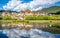 Ganden Sumtseling monastery scenic panorama with lake and water reflection Shangri-La Yunnan China