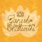 Ganesh Chaturthi. Indian festival. Handmade text. Elephant head, paisley, dagger, lotus. Grunge background