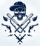 Gang brutal criminal emblem or logo with aggressive skull baseball bats and other weapons and design elements, vector anarchy