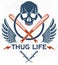 Gang brutal criminal emblem or logo with aggressive skull baseball bats and other weapons and design elements, vector anarchy