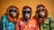 Gang family of orangutang in vibrant bright fashionable outfits, commercial, editorial advertisement