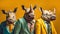 Gang family of rhino rhinoceros in vibrant bright fashionable outfits, commercial, editorial advertisement