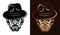 Gangster man head in fedora hat with bristle two styles black on white and colorful on dark background vector