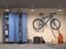 Garage with many things and bicycle.