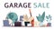 Garage sale banner with flat cartoon furniture objects arranged on the floor