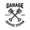 Garage. Service station. Emblem with crossed pistons. Car repair. Design element for logo, label, emblem, sign.